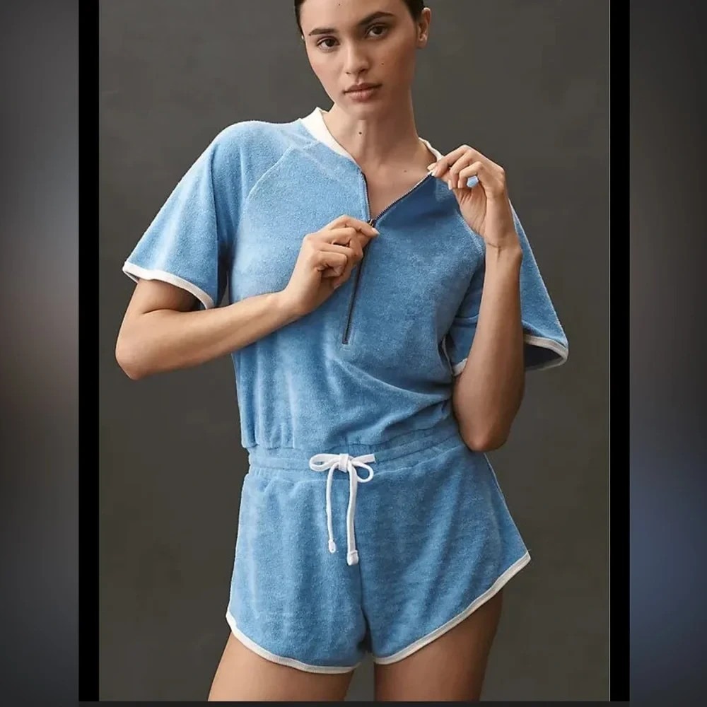 Anthropologie Daily Practice Free Dive Romper Blue Terry Cloth Front Zip Size S